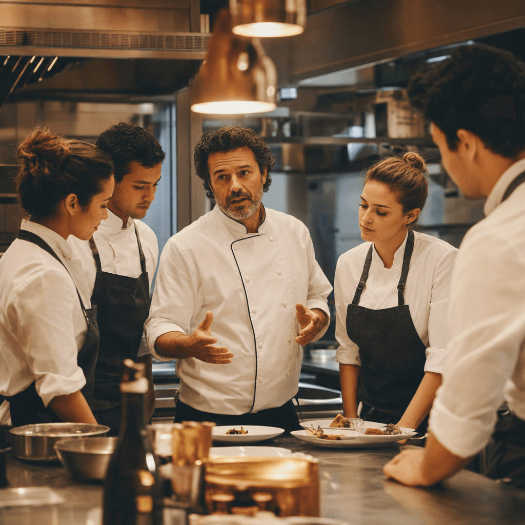 Chef advising the kitchen staff at a professional restaurant