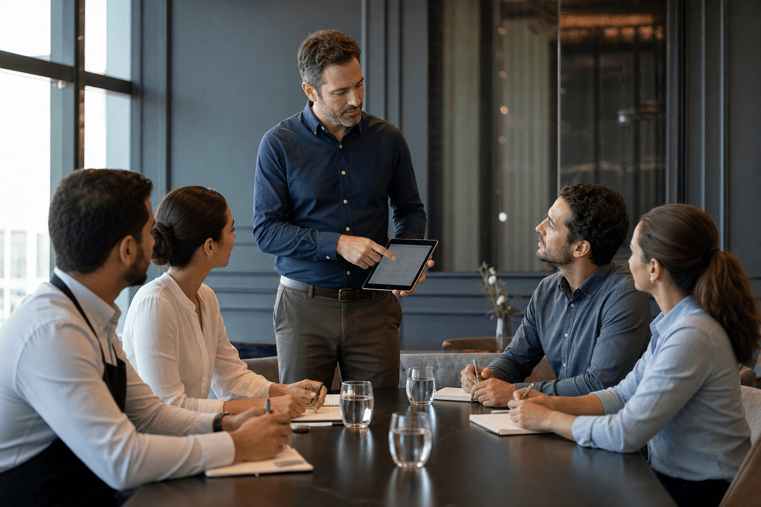 A business consultant advising restaurant staff in a modern office setting with warm natural lighting
