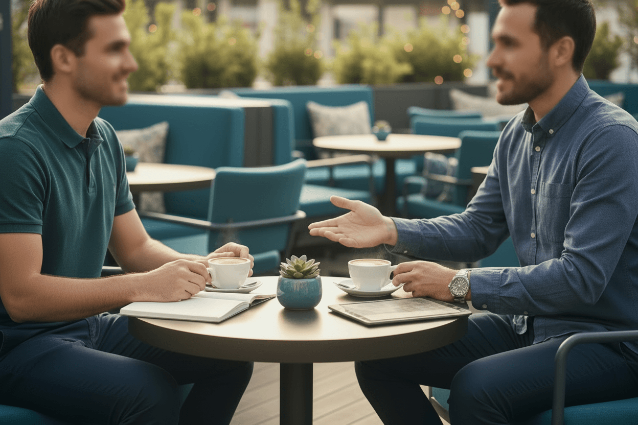 Two men sitting on a terrace are chatting over coffee, a notebook, and a tablet.