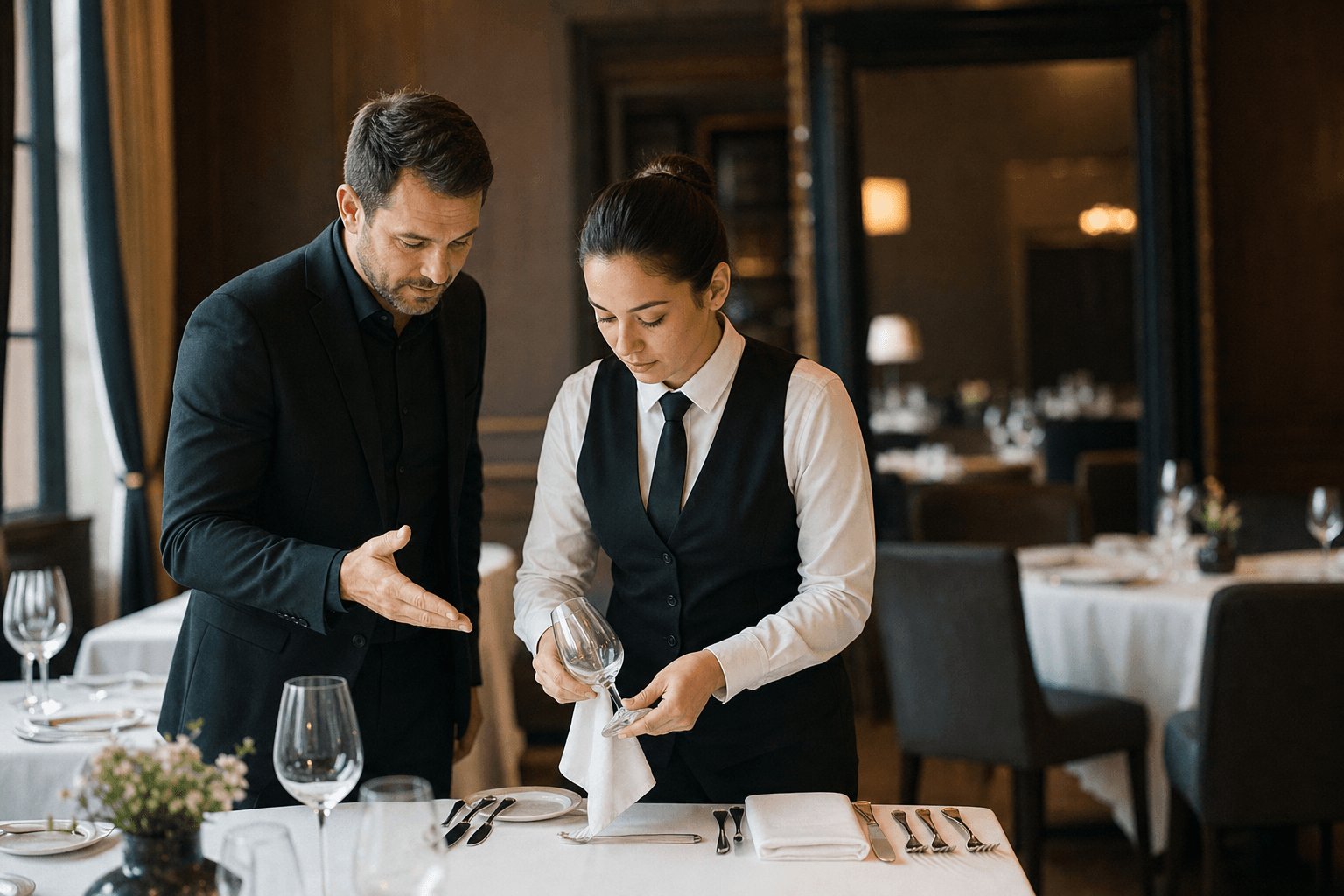 A restaurant consultant instructing a server on table-setting techniques in a luxury dining room with natural light — image for the "About Us" section