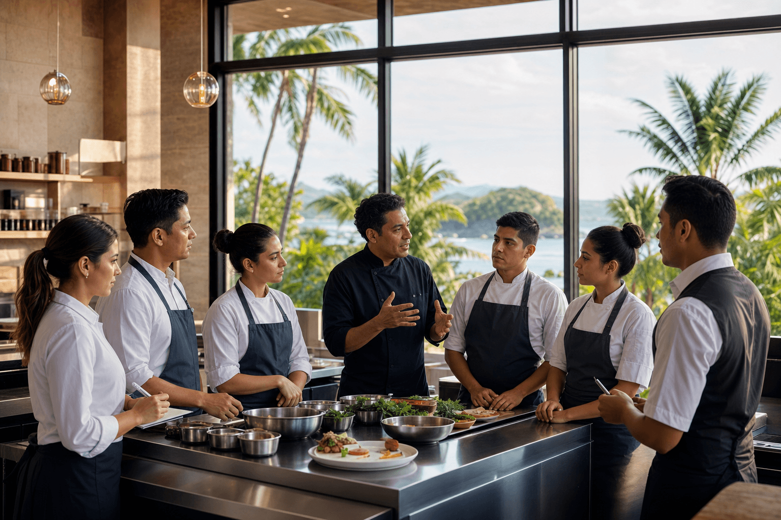 A restaurant team is being trained by a consultant in a modern kitchen with a view of the tropical Riviera Nayarit through the windows