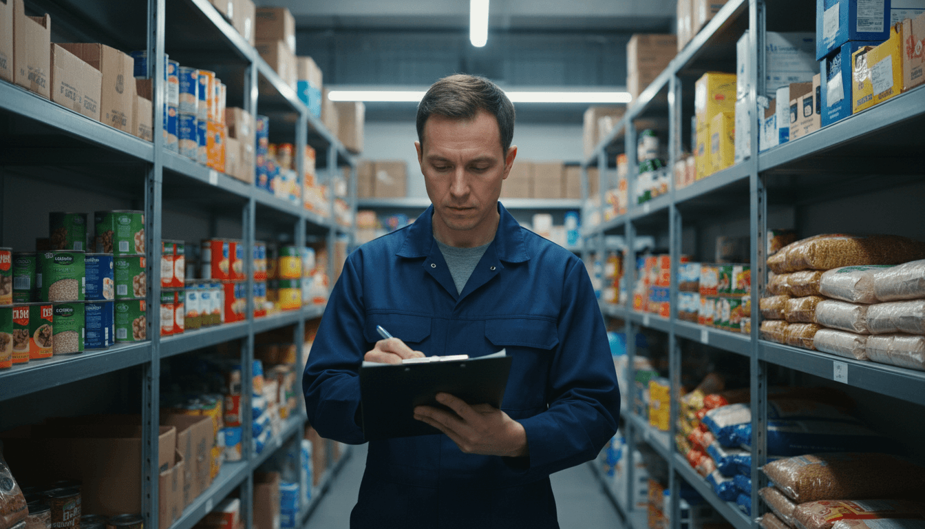A person checking inventory in a restaurant warehouse