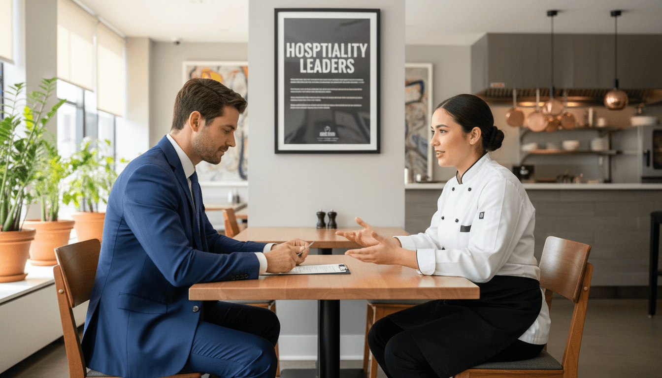 Interviewer and chef candidate in a professional restaurant interview setting