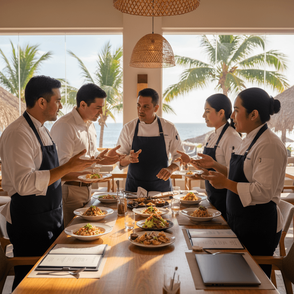A team of chefs and consultants collaborating on menu design in a modern restaurant setting in Bucerías.