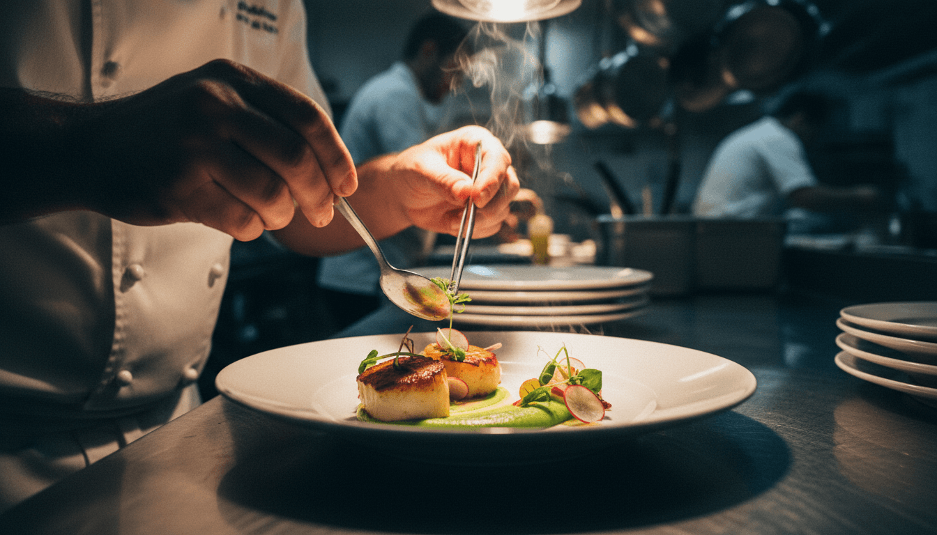 A chef's hands placing the final ingredients on a plate while serving in a professional kitchen, with steam and movement in the background