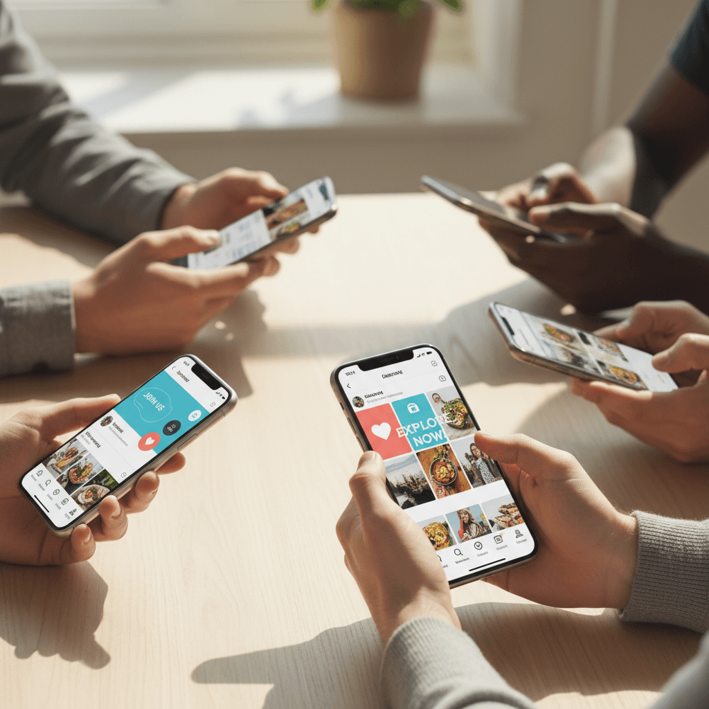 Several hands holding smartphones displaying colorful social media feeds and engagement features on a wooden table